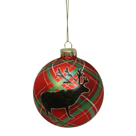 4" Red and Green Plaid Reindeer Silhouette Glass Ball Christmas Ornament