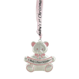 3" Pink and Silver Teddy Bear 'Baby's First Christmas' Ornament