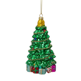 5.5" Shiny Green Decorated Holiday Tree Hanging Glass Christmas Ornament
