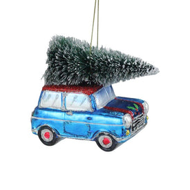 4" Blue Station Wagon Hauling Home the Holiday Tree Christmas Ornament