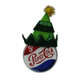 4.75" Green and Gold Hat on Pepsi Logo Puck Shaped Glass Christmas Ornament