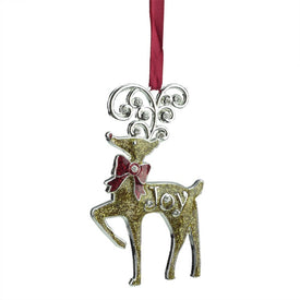 3.75" Gold and Red European Glitter "Joy" Reindeer Christmas Ornament