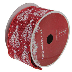 2.5 x 120 Yards Cranberry Red and White Trees Wired Christmas Craft Ribbon