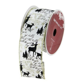 2.5" x 10 Yards White and Black Playful Reindeer Christmas Wired Craft Ribbon