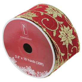 2.5" x 10 Yards Cranberry Red and Gold Poinsettia Christmas Wired Craft Ribbon