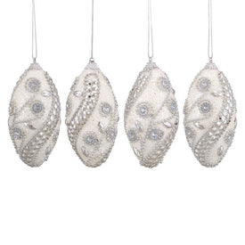 4.5" White and Silver Rhinestone Princess Shatterproof Glittered Christmas Finial Ornaments Set of 4