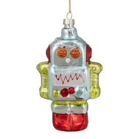 5" Silver and Green Robot Hanging Glass Christmas Ornament