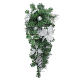 32" Unlit Silver Poinsettia and Pine Cone Artificial Christmas Teardrop Swag