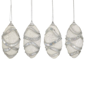 4.5" White Beaded Two-Finish Shatterproof Christmas Finial Ornaments Set of 4
