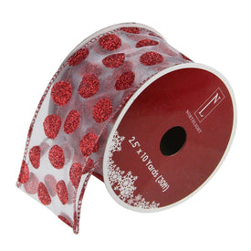 2.5" x 120 Yards Silver and Red Glittering Polka Dots Christmas Wired Craft Ribbons Pack of 12