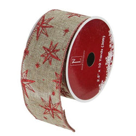 2.5" x 10 Yards Red and Beige Star Wired Christmas Craft Ribbon