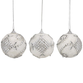 3" White and Silver Beaded Swirl Shatterproof Ball Christmas Ornaments Set of 3
