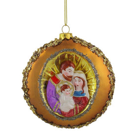4" Joseph Mary and Baby Jesus Sequin Religious Glass Disc Christmas Ornament