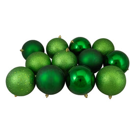 4" Green Shatterproof Four-Finish Ball Christmas Ornaments Set of 12