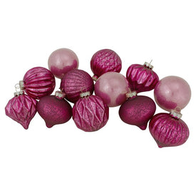 Magenta Pink Finial and Glass Ball Christmas Ornaments Set of 12