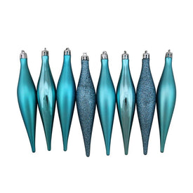 6" Turquoise Blue Shatterproof Four-Finish Christmas Finial Drop Ornaments Set of 8