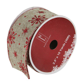 2.5" x 10 Yards Red and Beige Snowflake Wired Christmas Craft Ribbon