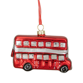 3.75" Red and Silver Double Decker Bus Glass Christmas Ornament