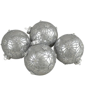 3.25" Silver with Floral Gem Ball Christmas Ornaments Set of 4