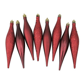 6" Burgundy Red Shatterproof Four-Finish Christmas Finial Drop Ornaments Set of 8