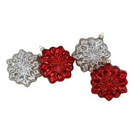Red and Silver Glass Snowflake Hanging Christmas Decorations 3.75" Set of 4