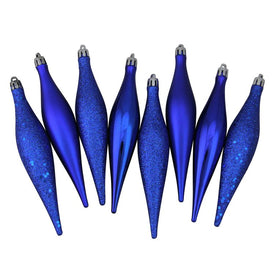6" Lavish Blue Shatterproof Four-Finish Christmas Finial Drop Ornaments Set of 8