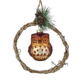 5.25" Brown Glass Owl in a Twig Wreath Christmas Ornament