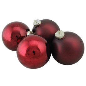 4" Burgundy Red Two-Finish Glass Ball Christmas Ornaments Set of 4
