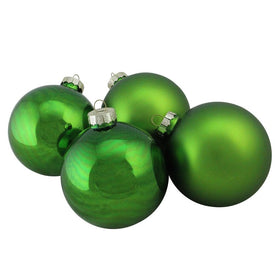 4" Shiny and Matte Green and Silver Glass Ball Christmas Ornaments Set of 4