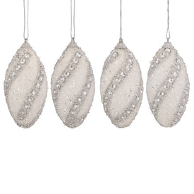4.5" White and Silver Beaded Shatterproof Christmas Finial Ornaments Set of 4