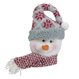 11" Gray and Red Plush Knit Snowman Head Christmas Ornament