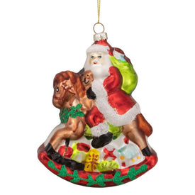 4" Santa on a Rocking Horse Hanging Glass Christmas Ornament