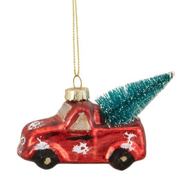3.75" Red Metallic Truck with a Sisal Tree Glass Christmas Ornament