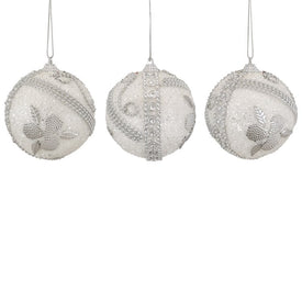 3" White and Silver Beaded Flowers with Leaves Shatterproof Ball Christmas Ornaments Set of 3