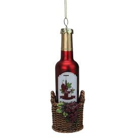 6.25" Red and Gold Wine Bottle in Basket Christmas Ornament