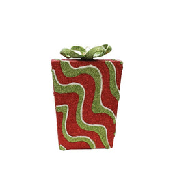 6" Red and Green Glitter Swirl Shatterproof Gift Box Christmas Ornament