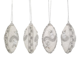4.5" White and Silver Shatterproof Two-Finish Christmas Teardrop Ornaments Set of 4