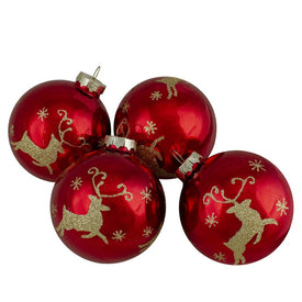 3.25" Red and Gold Deer Glass Ball Christmas Ornaments Set of 4