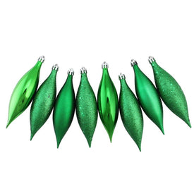 5.5" Xmas Green Shatterproof Four-Finish Christmas Finial Drop Ornaments Set of 8