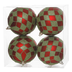 4" Red and Lime Green Shatterproof Diamond Accent Ball Christmas Ornaments Set of 4