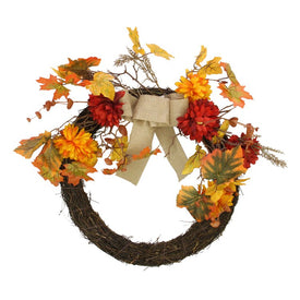 20" Fall Leaf with Mum Flower Artificial Thanksgiving Twig Wreath