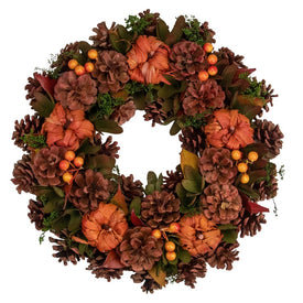 13.75" Unlit Brown and Orange Fall Wreath with Pumpkins and Pine Cones