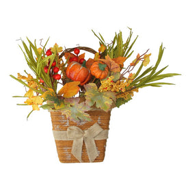 18" Green and Yellow Fall Leaves with Bow Artificial Thanksgiving Basket