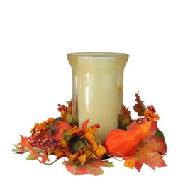 16" Orange and Red Sunflower with Pumpkin Fall Pillar Candle Holder