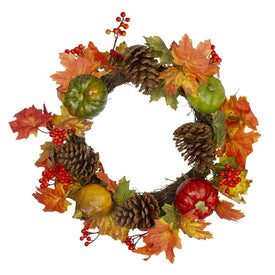 20" Unlit Artificial Fall Harvest Wreath with Leaves, Pine Cones, and Pumpkins