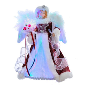12" White, Silver and Burgundy Angel Tree Topper with Fiberoptic LED Lights