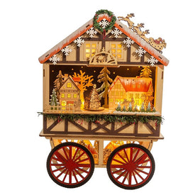 18.9" Battery-Operated Light Up Musical Wood Wagon with Santa and Christmas Village Scene