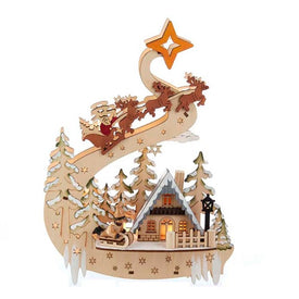 11.8" Battery-Operated Light Up Wooden Christmas Village with Santa and Sleigh
