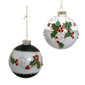80MM Holly Leaves and Berries Glass Ball Ornaments Set of 6