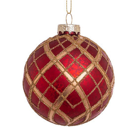 80MM Red with Gold Plaid Glass Ball Ornaments Set of 6